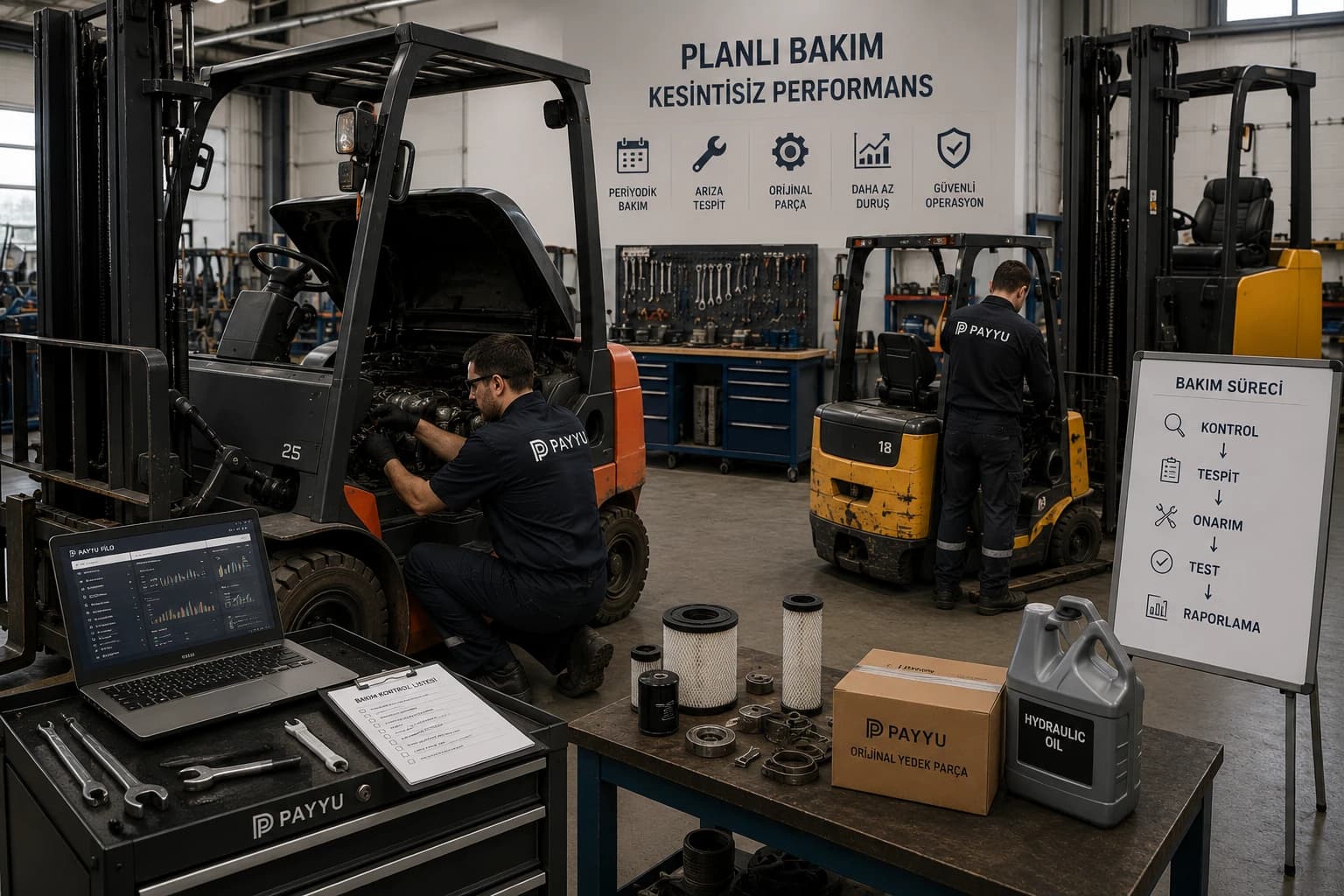 Forklift bakım ve servis işlemlerinin teknik olarak incelendiği profesyonel servis ortamı