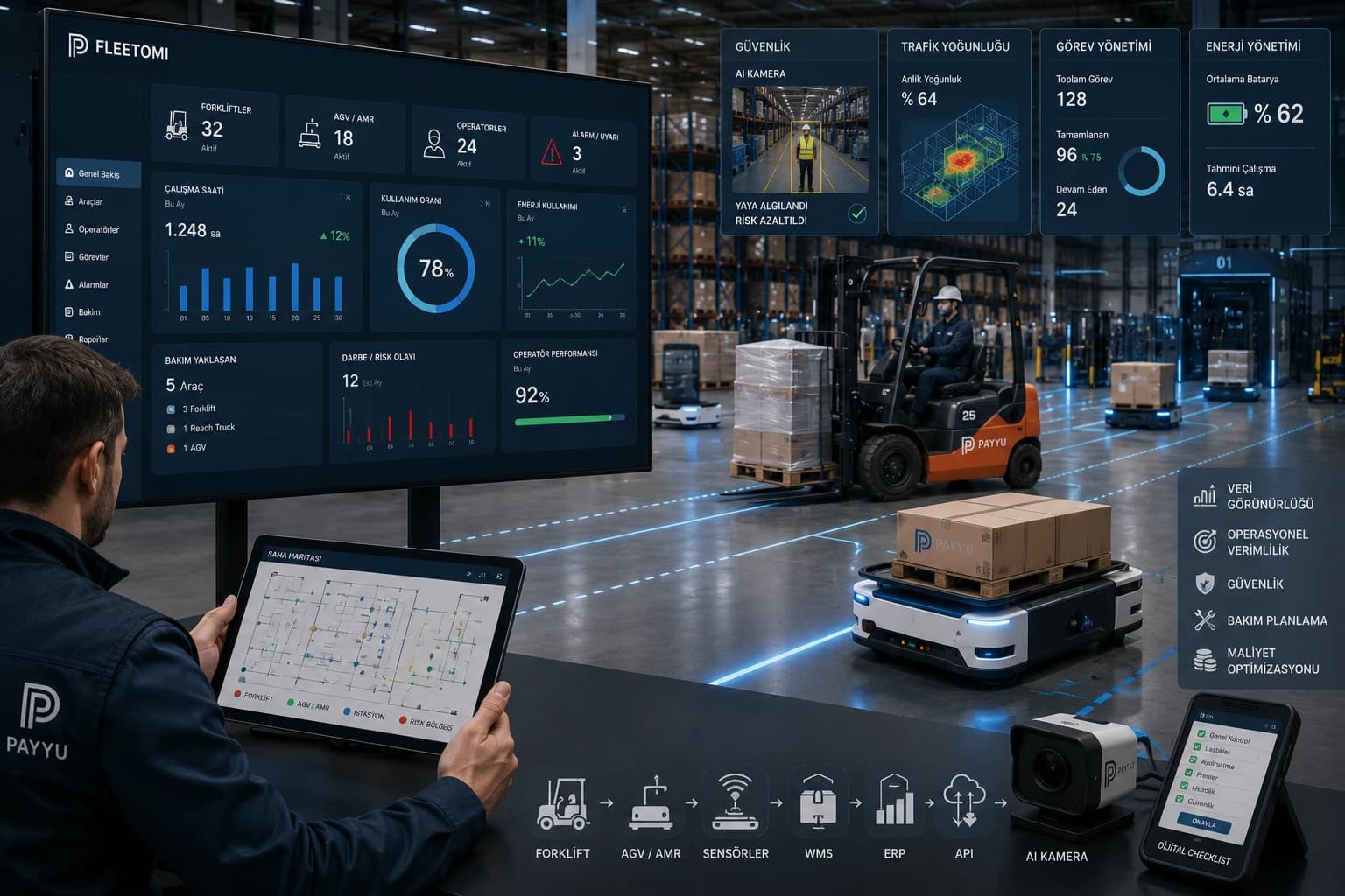 AGV, forklift, filo yönetimi ve dijital saha teknolojilerinin birlikte çalıştığı modern intralojistik operasyon