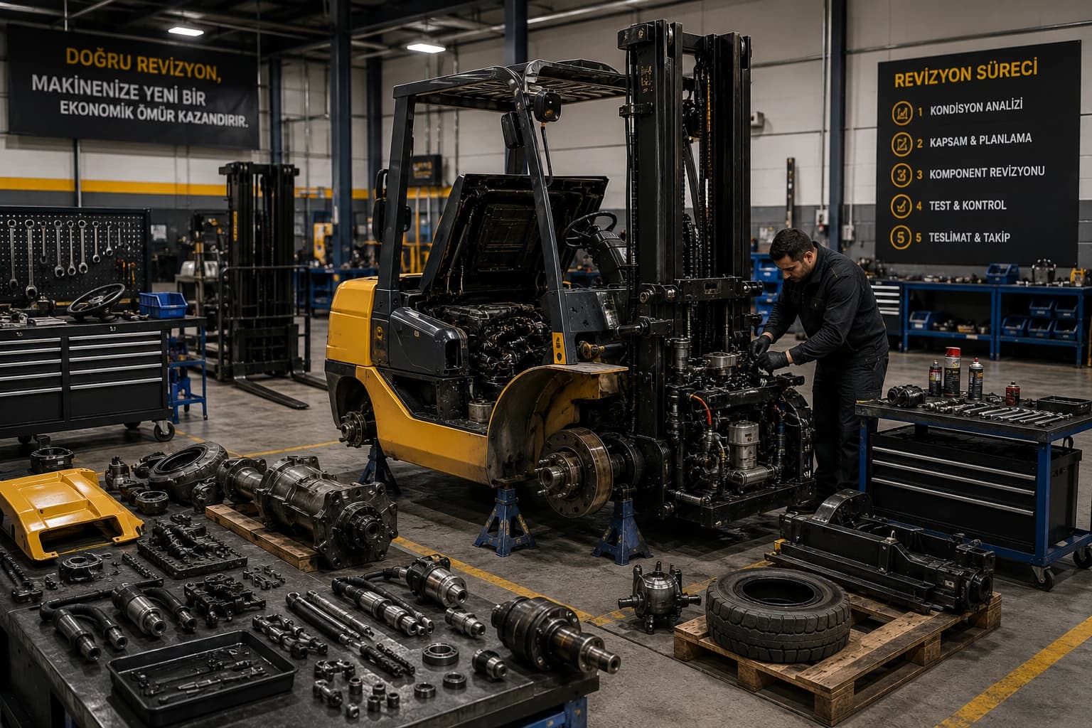 Forkliftin kapsamlı teknik revizyonunun yapıldığı profesyonel servis atölyesi