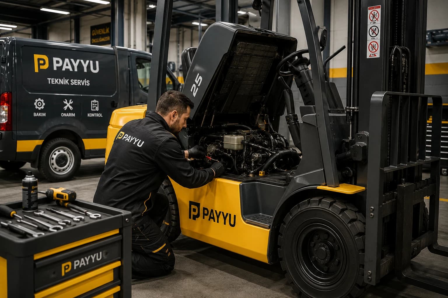 Forklift üzerinde teknik kontrol ve bakım yapan servis teknisyeni