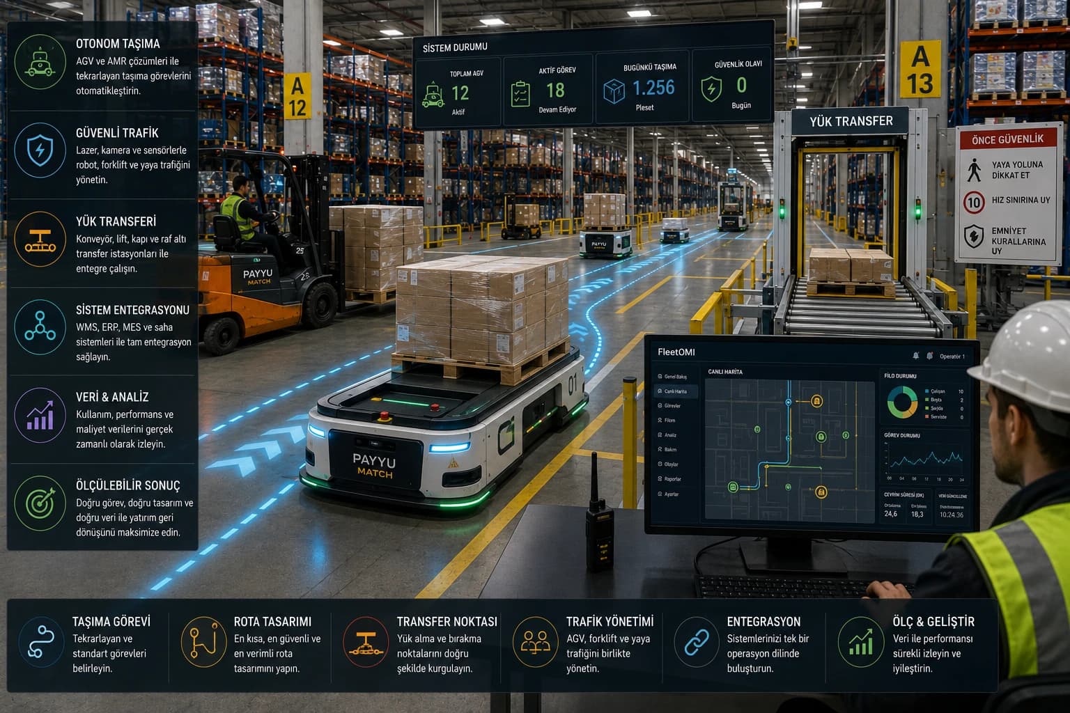 Modern üretim tesisinde otonom palet taşıyan AGV sistemi