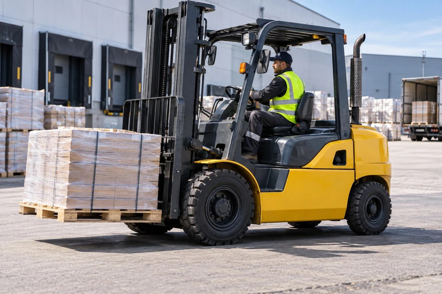 Dış sahada palet taşıyan dizel forklift