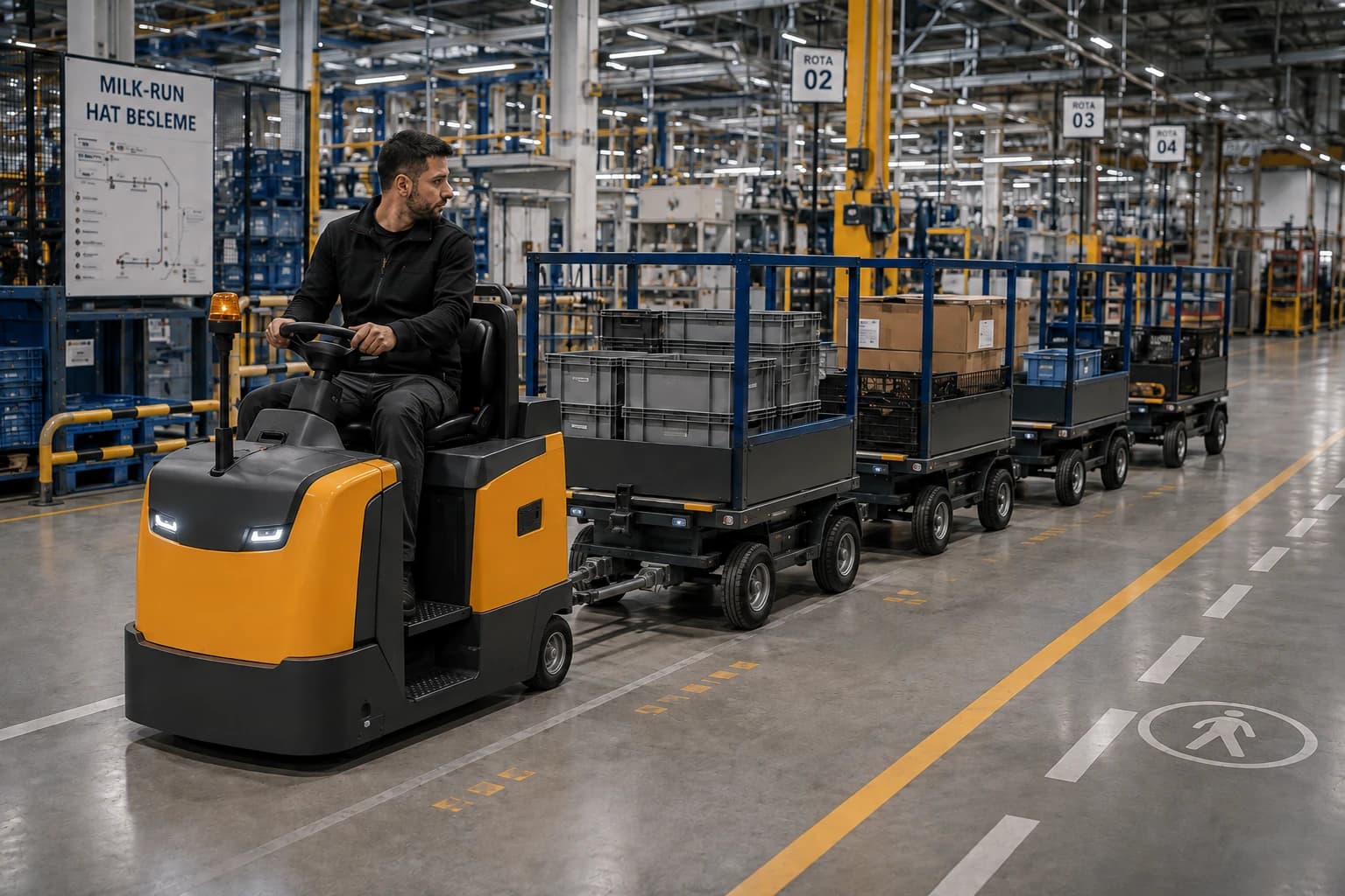 Üretim tesisinde römork çeken elektrikli tow tractor